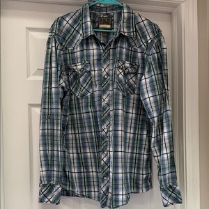 BKE Men's Green and White Plaid Button Down Shirt